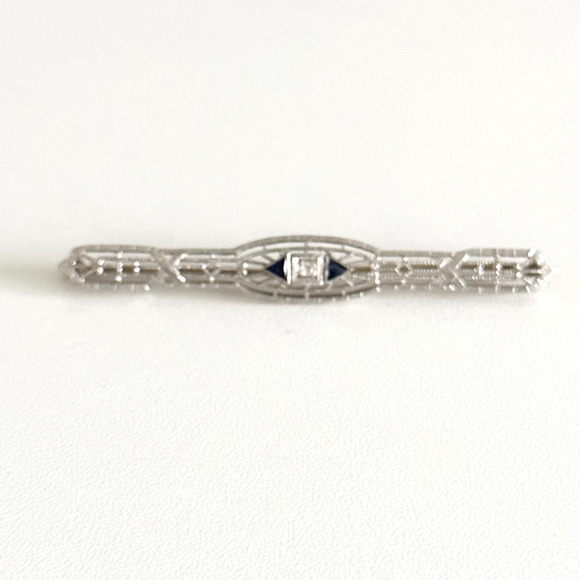 Antique 14K Solid White Gold Sapphire & Diamond Intricate Detail Bar Brooch Pin - Picture 2 of 12